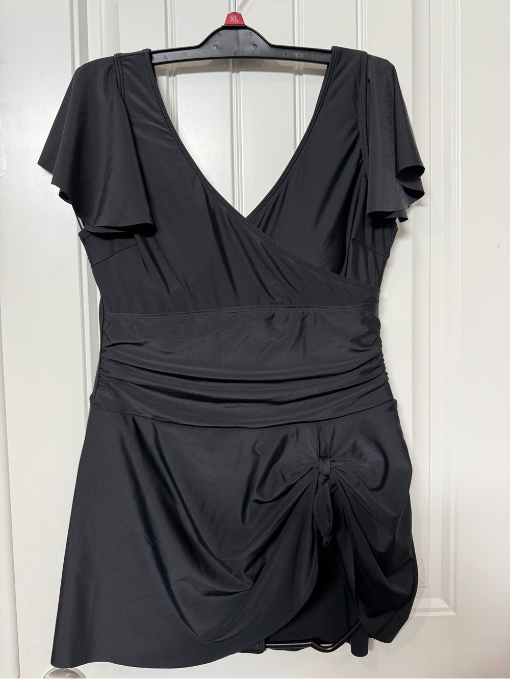 Black one-piece swim Dress V-neckline ruffled sleeves,tummy control ruching Sz L